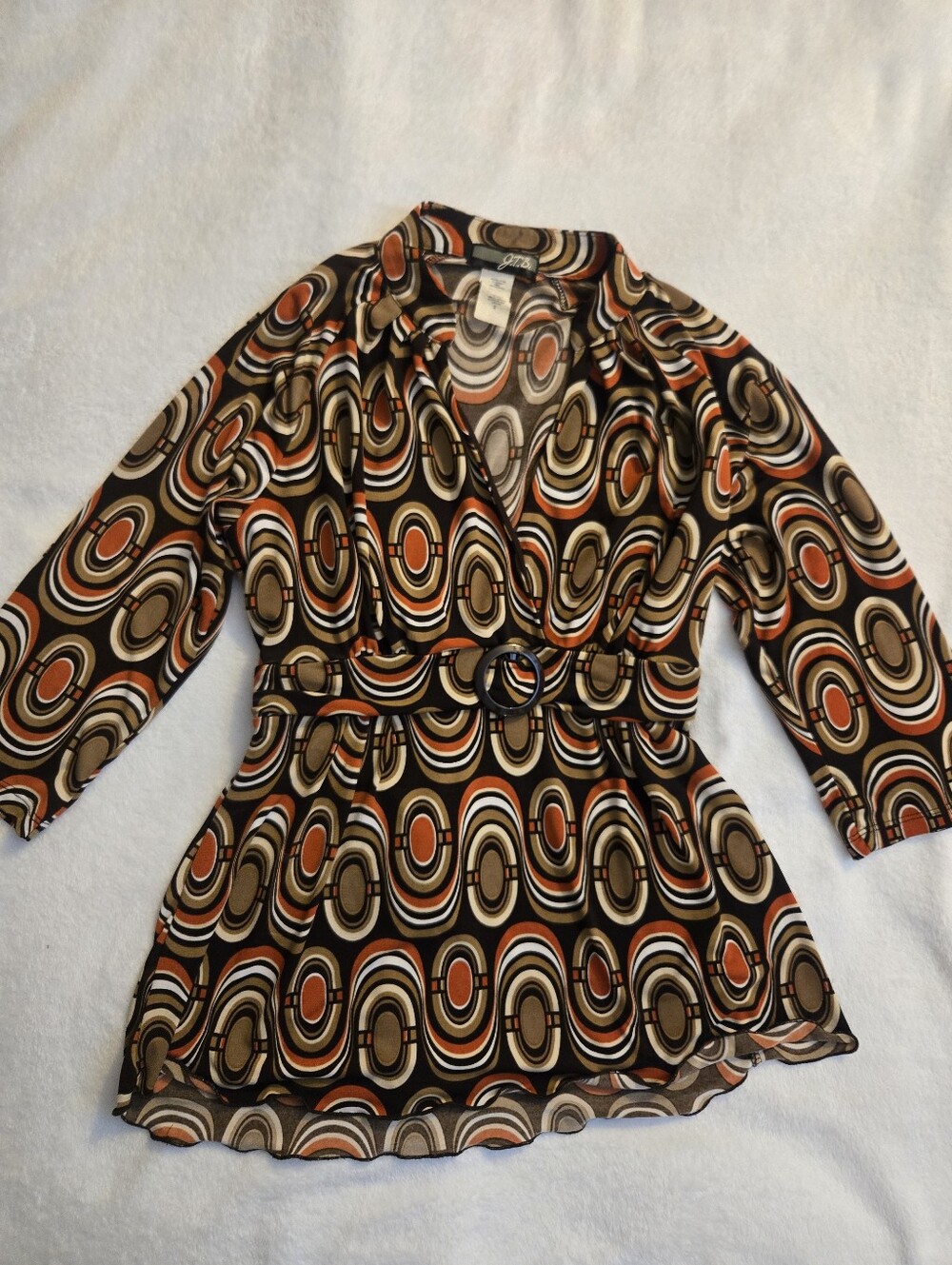 J.T.B. Retro 70s Geometric Swirl Belted O-Ring Blouse Tunic Top - Small